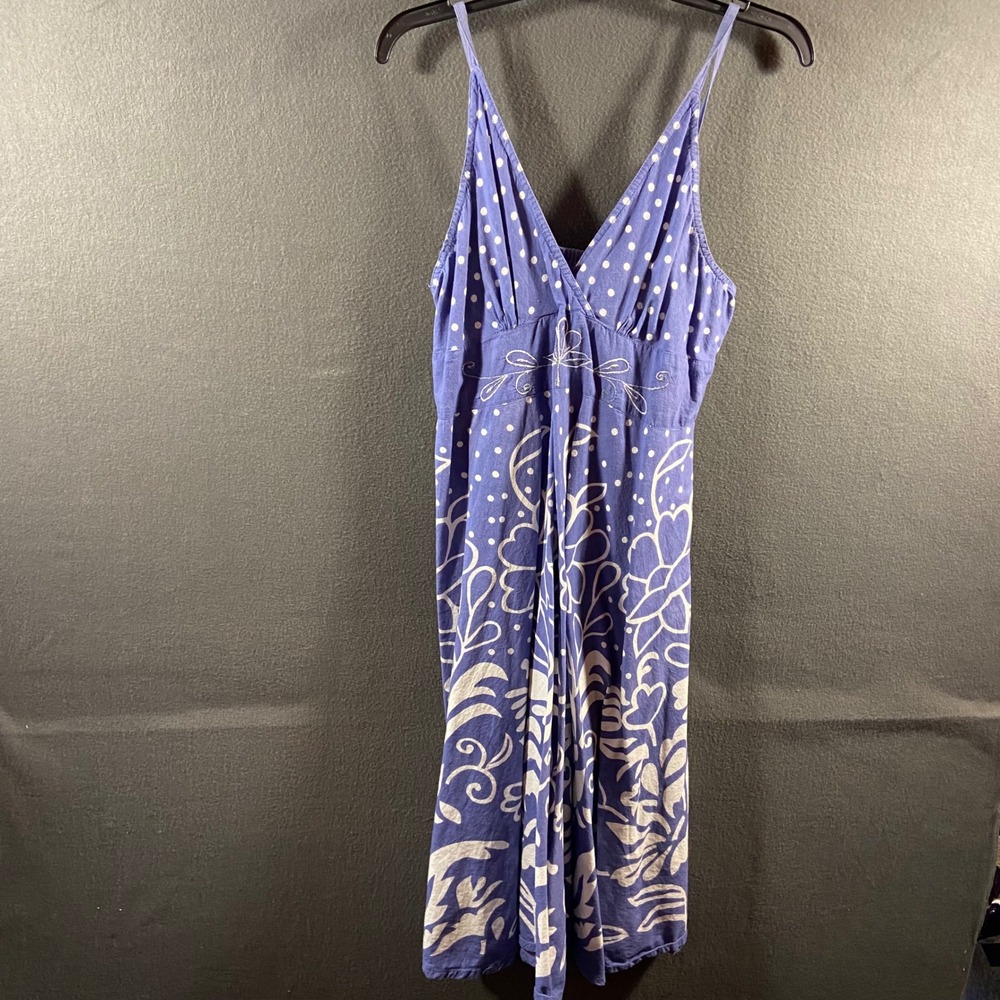 vtg Women cotton midi dress‎ XL Blue embroidered coastal Floral Beachy V-Neck